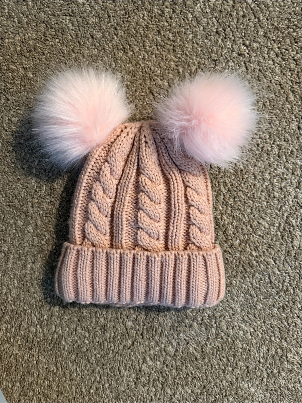 Pink Cable Knit Beanie with Double Pom Poms